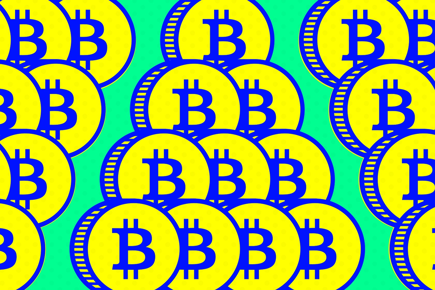 A tower of coins with the Bitcoin logo on a blank background.