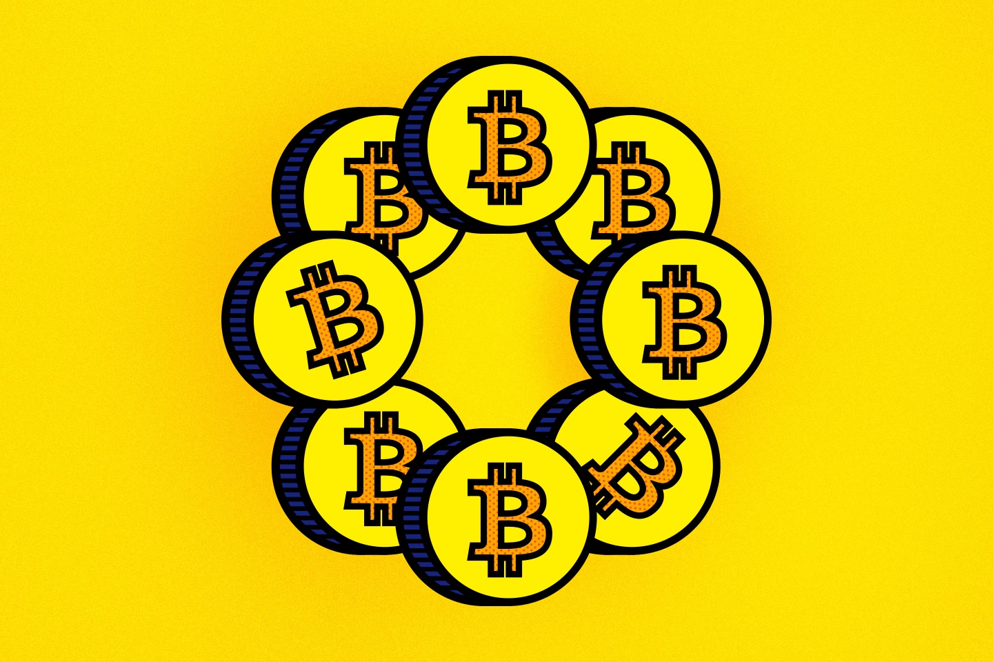 A circle of coins, each with the Bitcoin logo