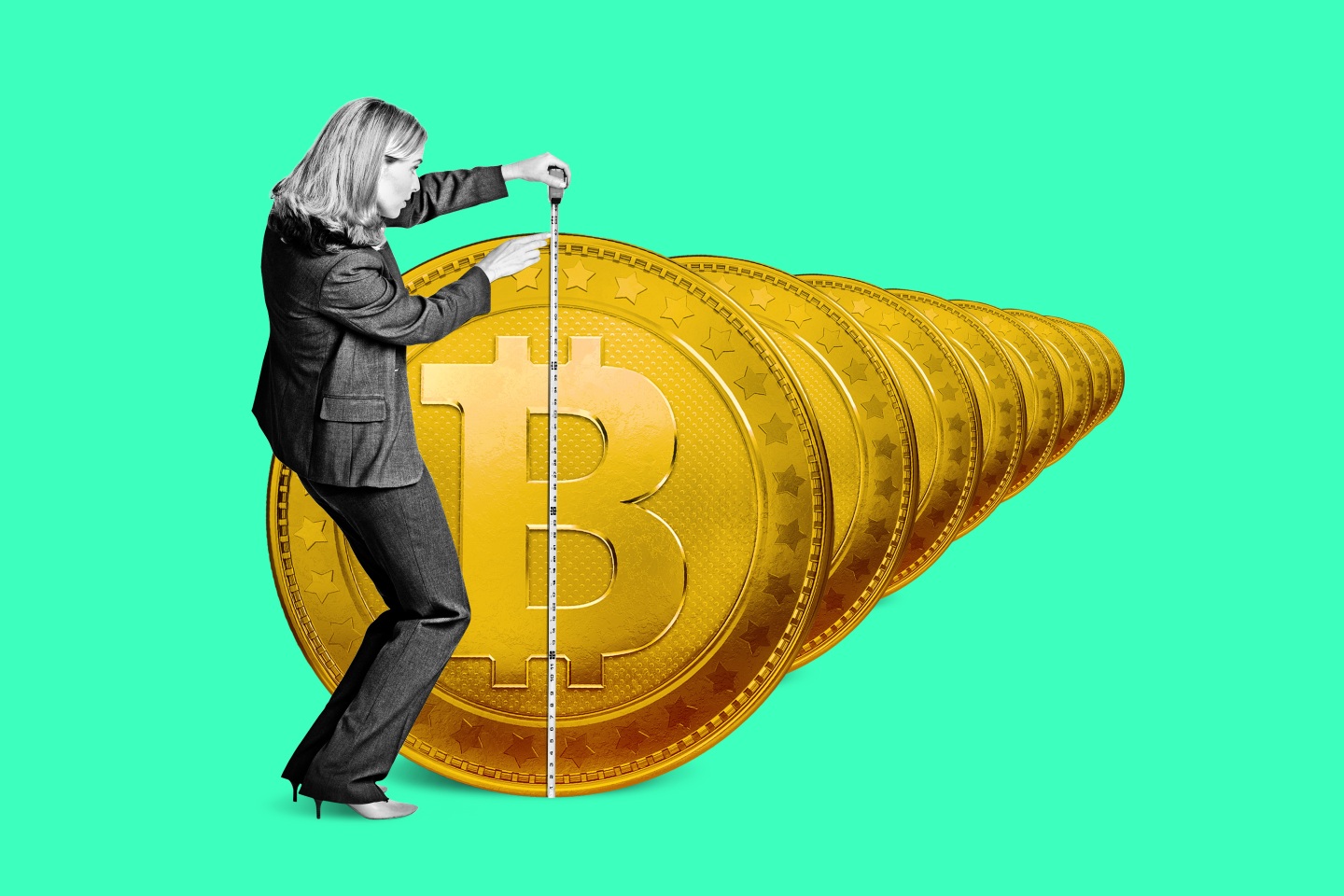 A woman measures various Bitcoins with measuring tape.