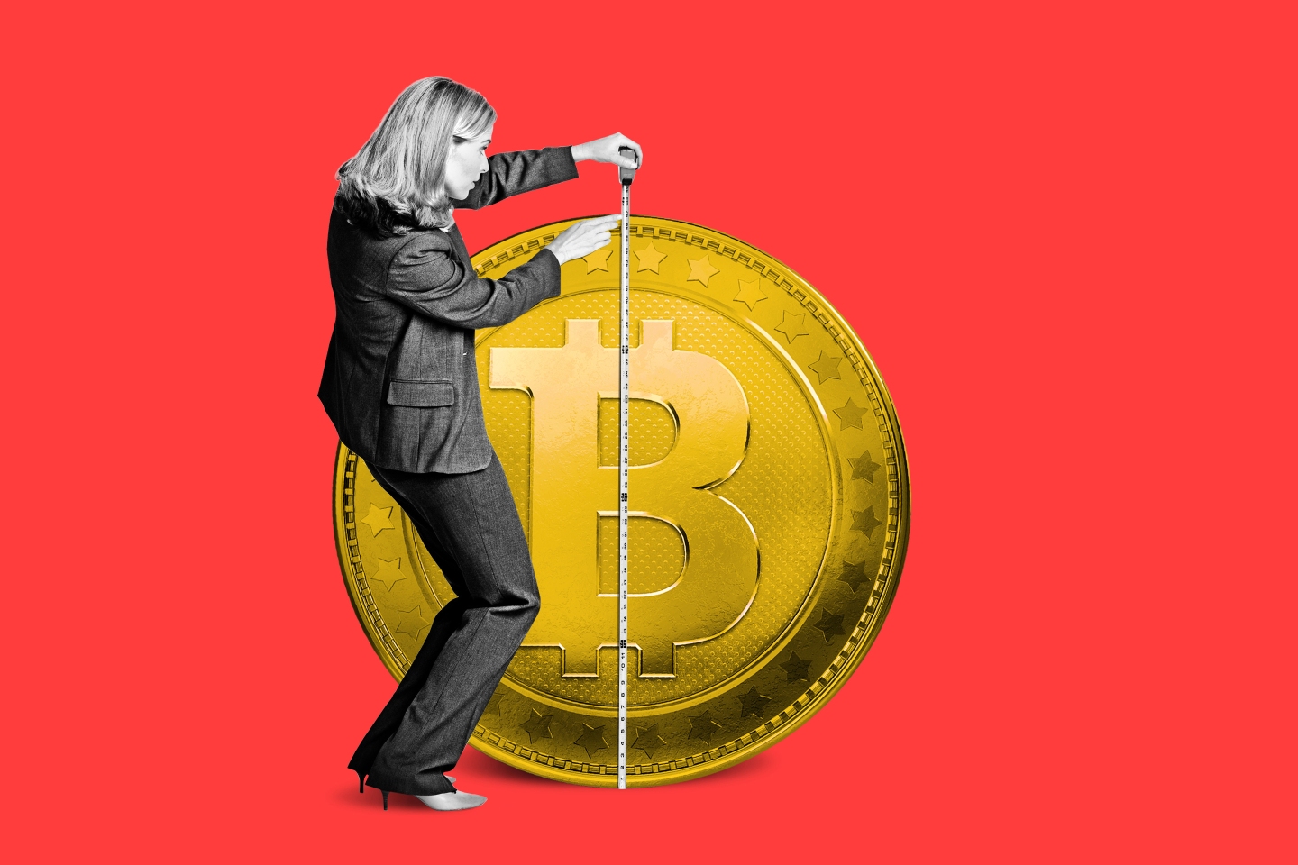 A woman measures a Bitcoin with a tape measure.