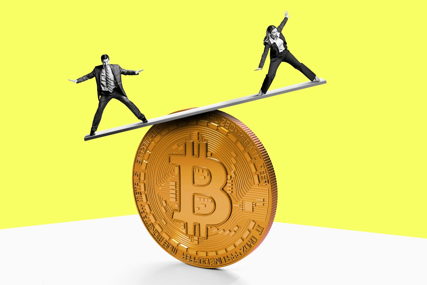 People balancing on top of a Bitcoin.