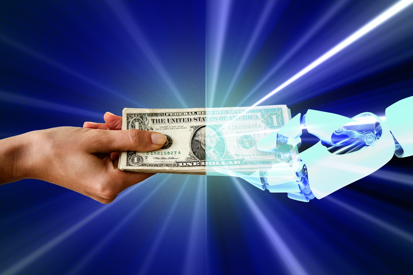 Photo illustration of a human hand taking a stack of money from a robotic hand that represent artificial intelligence.