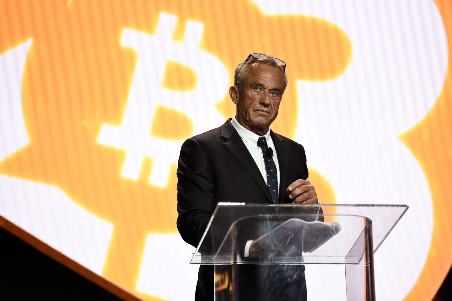Robert F. Kennedy, Jr. speaks on stage during the Bitcoin 2023 conference in Miami.