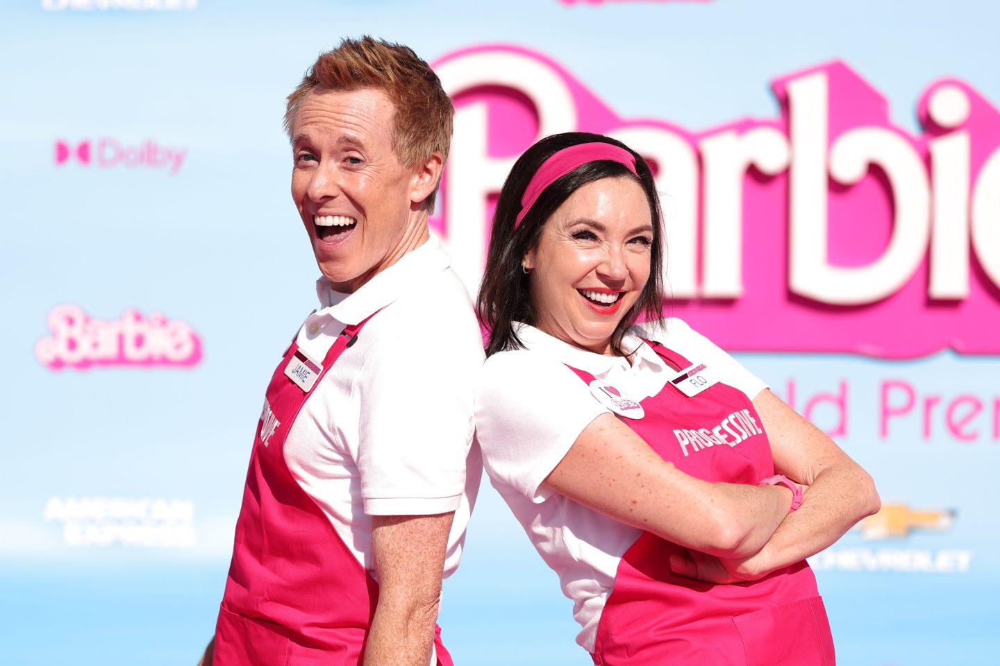 Jim Cashman (A.K.A. Jaime) and Stephanie Courtney (A.K.A. Flo) from Progressive at the premiere of the Barbie movie