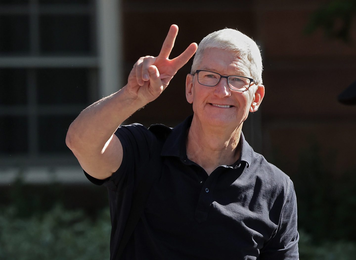 CEO of Apple Tim Cook arrives at the Sun Valley Lodge for the Allen &amp; Company Sun Valley Conference on July 11, 2023 in Sun Valley, Idaho.