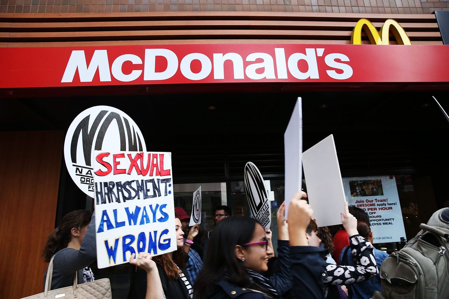 Protesters demonstrate outside of a McDonald's restaurant near Times Square