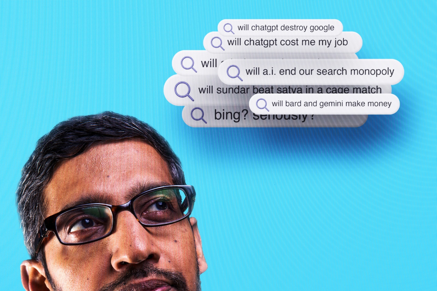 Photo Illustration of Alphabet CEO Sundar Pichai looking up towards search boxes filled with text about the future of AI.