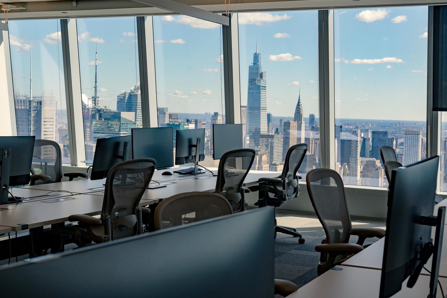 An empty office space overlooking New York City.