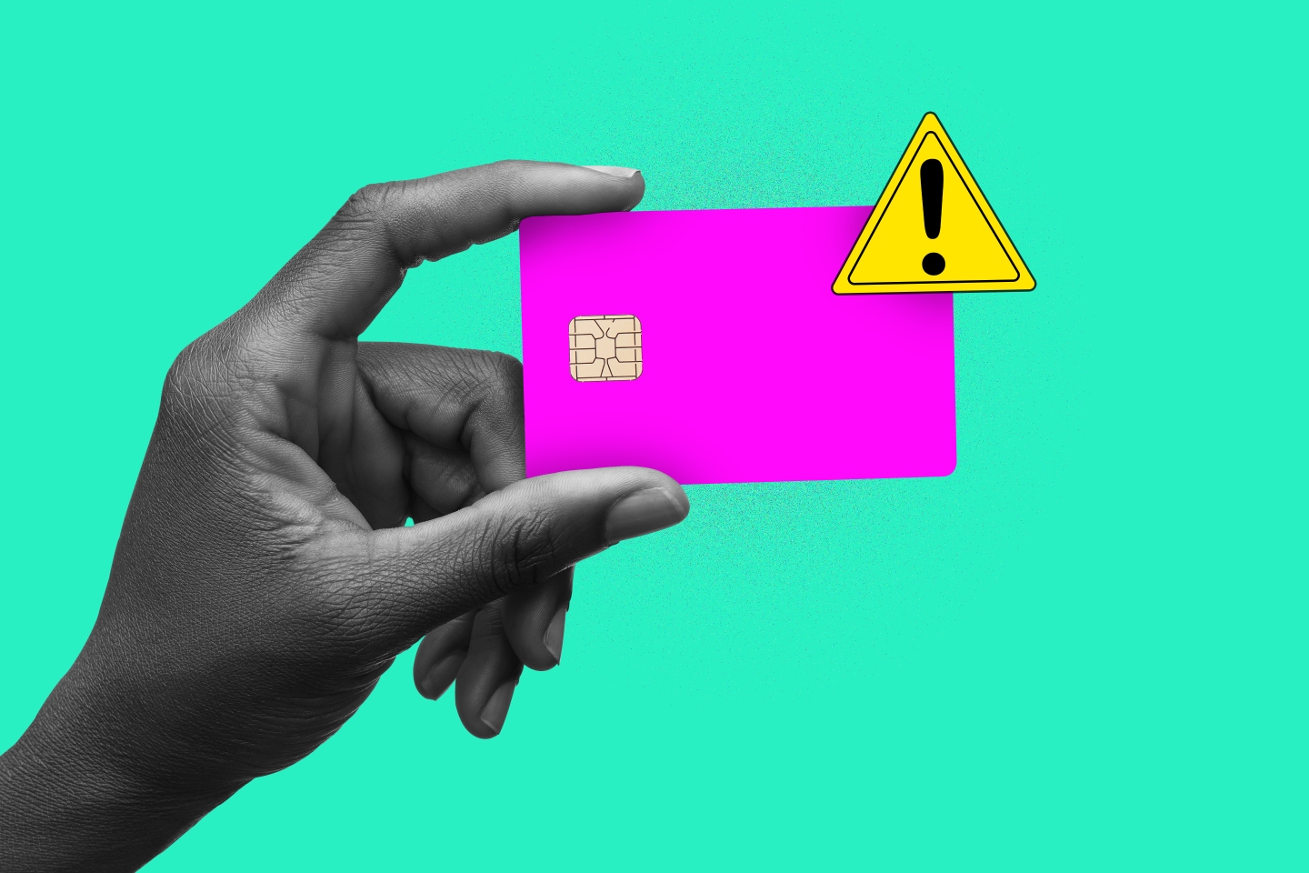 Photo illustration of a hand holding a credit card that has an "emergency" exclamation point icon in the top right corner.