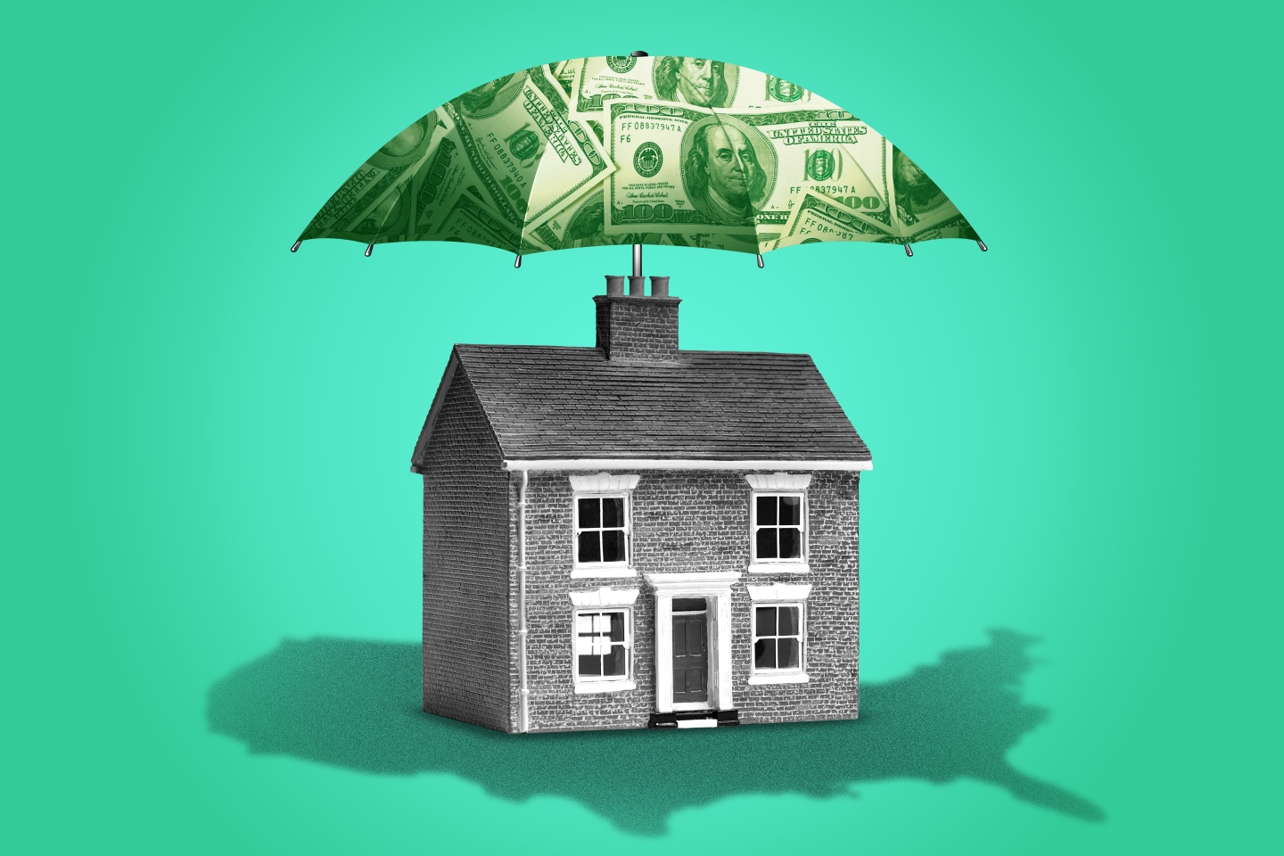 Photo illustration of a house with an umbrella made of money coming out of its chimney, and casting a shadow in the shape of the 48 contiguous United States.