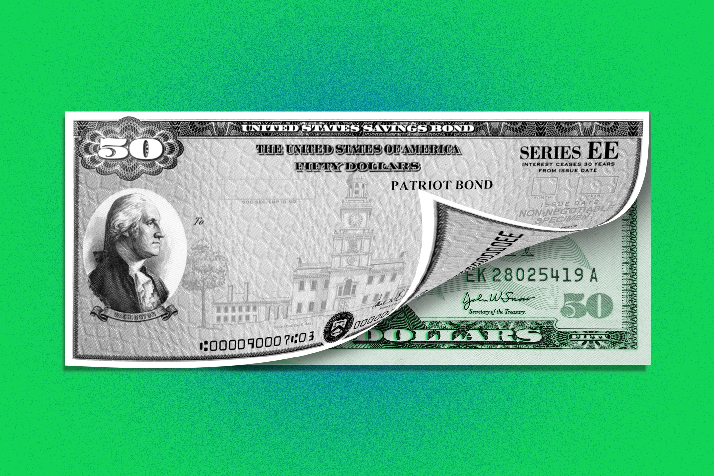 Photo illustration of a United States savings bond certificate curling up at the bottom right corner to reveal a $50 bill underneath.