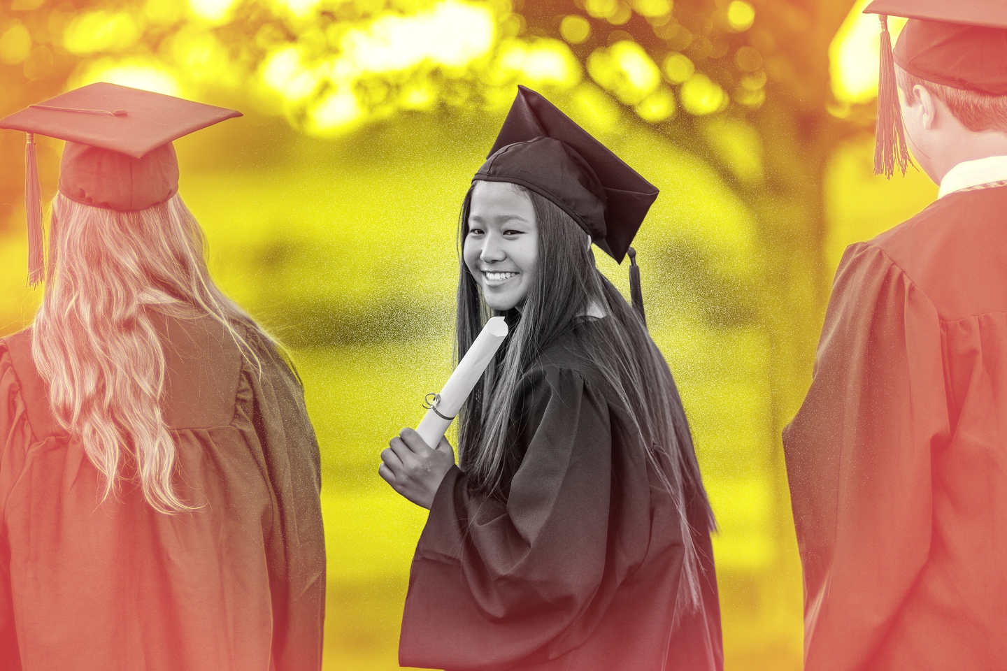 Photo illustration of a young high school graduate in a cap a gown, turning around and smiling at the camera.
