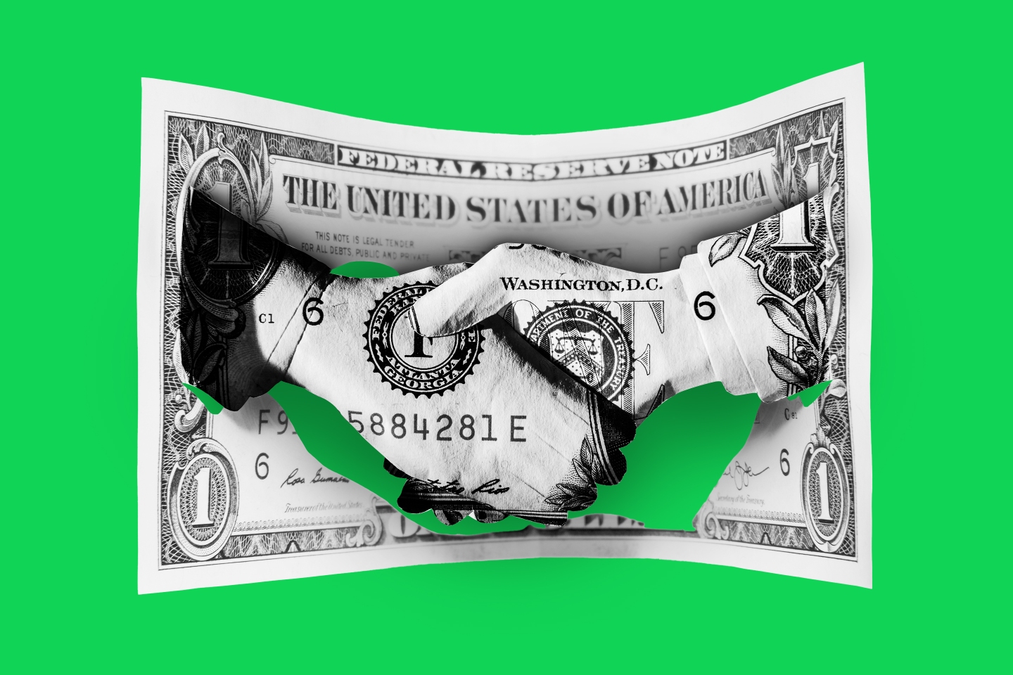 Photo illustration of a $1 bill that has been cut out in the shape of a handshake.