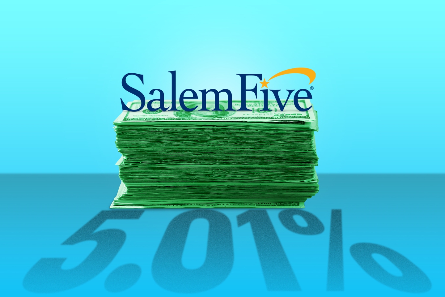 Photo illustration of the SalemFive direct logo on top of a stack of money casting a long shadow that says &quot;5.01%&quot;