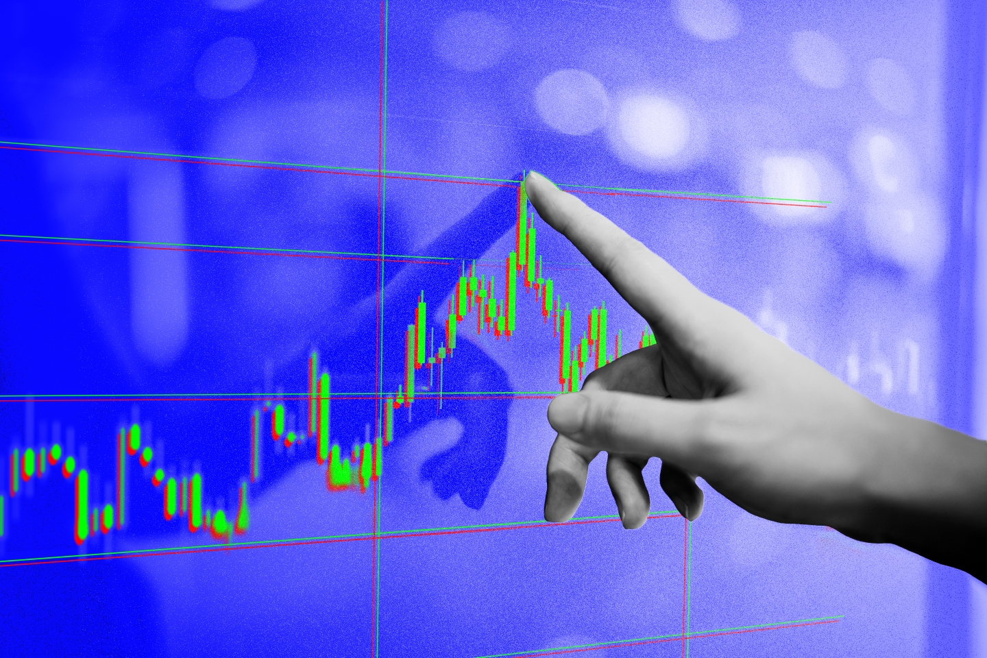 Photo illustration of a close up of a hand with the index finger pointing and touching the top point on a stock candlestick chart.