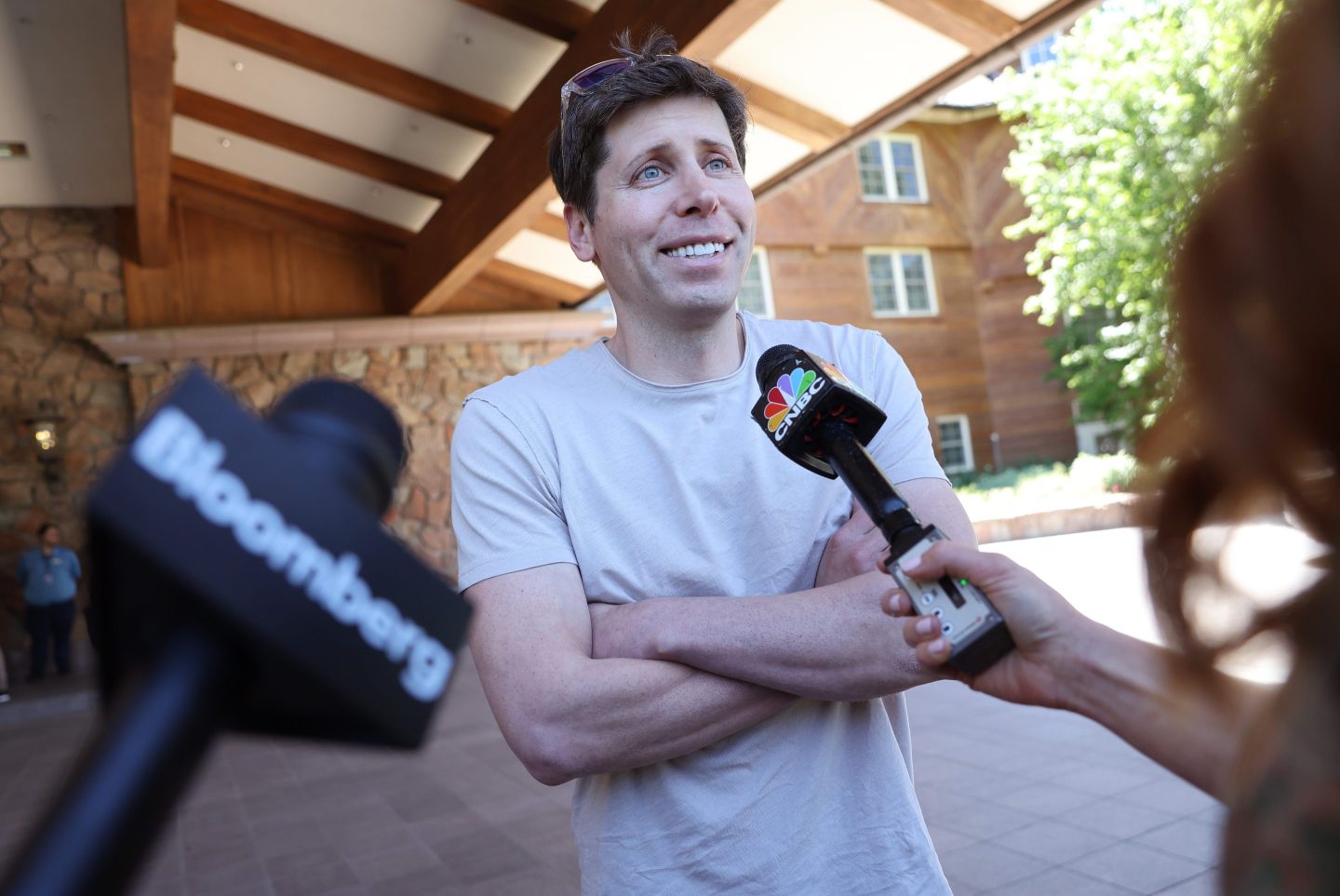 OpenAI CEO Sam Altman speaks to reporters at the Sun Valley Conference on July 11.