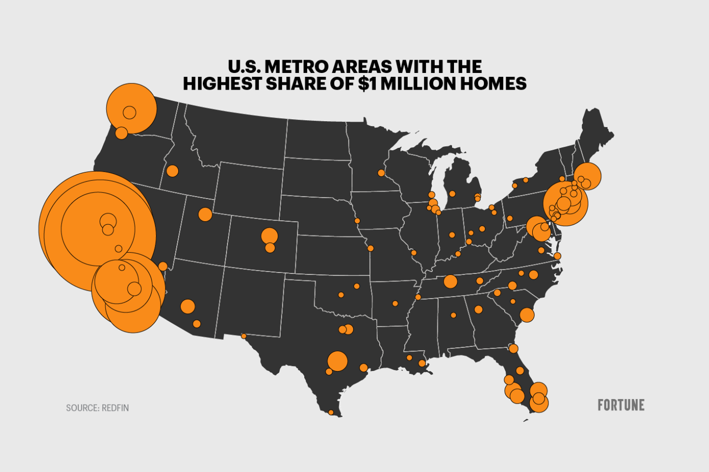 U.S. map shows the metro areas with most million-dollar homes