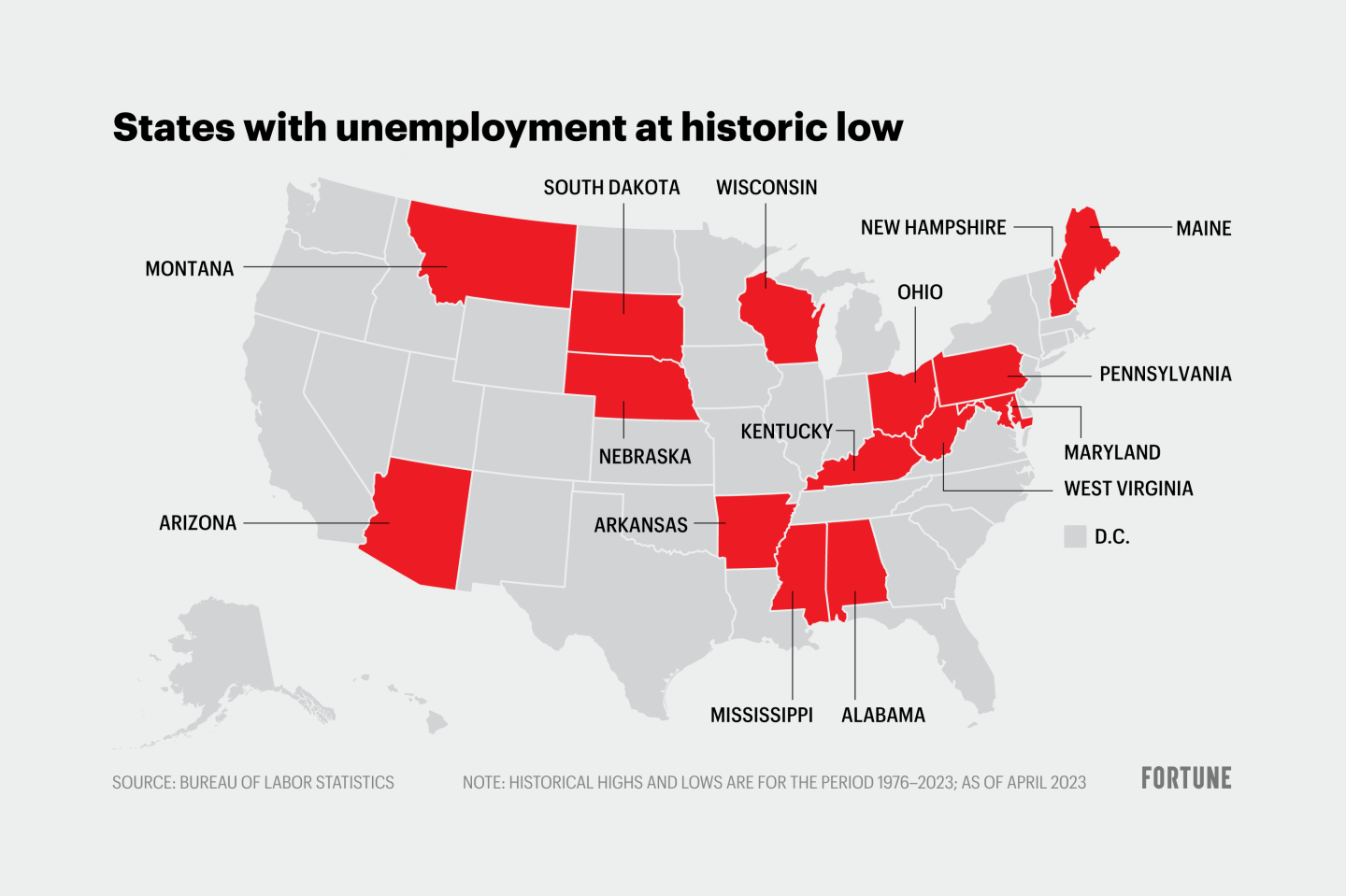 Map shows states with unemployment at historic low